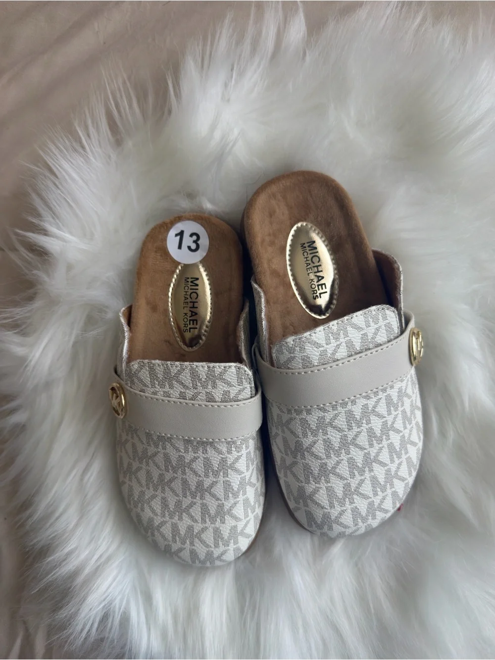 MICHAEL Michael Kors Girls' Beige Logo Slip-On Mules with Gold MK Accent